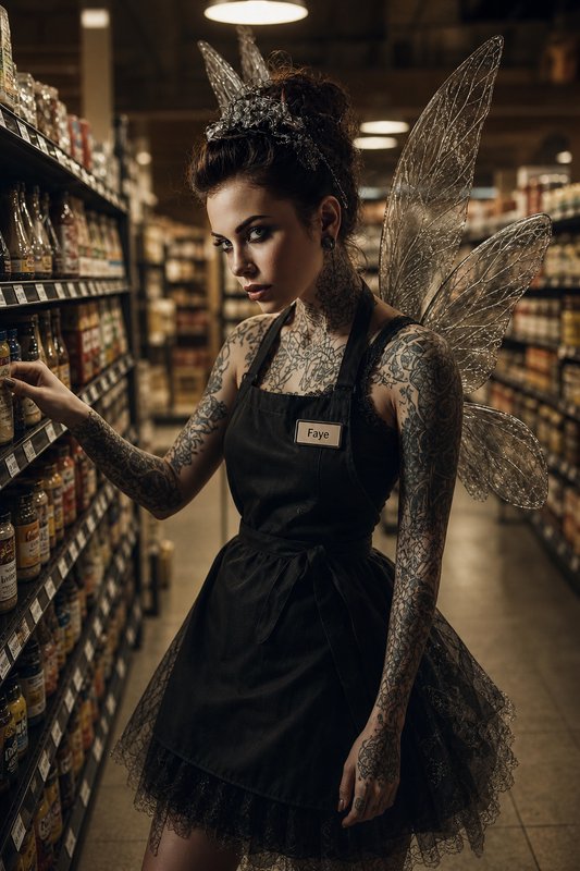 [Heavily tattooed fairy grocery worker with translucent gossamer wings restocks products on a supermarket aisle shelf]