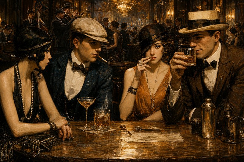 [Oil painting of 1920s flappers and suited men socializing at a warm, bustling Prohibition speakeasy with a jazz band in t...