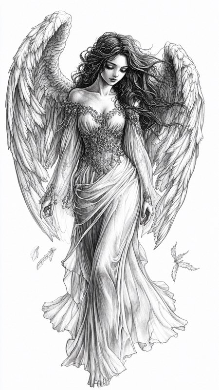 Intricate black and white pencil sketch of a graceful winged female angel, wearing an ornate flowing gown with head bowed ...