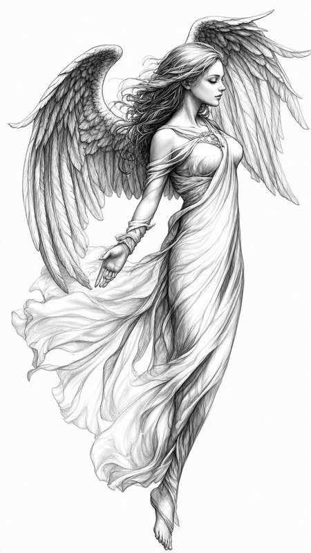 Intricate pencil sketch of a graceful floating female angel with feathered wings, windswept hair, and billowing sheer gown