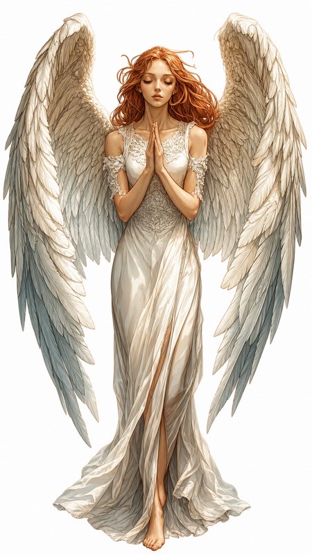 [Serene praying female angel with large feathered wings, wavy red hair, and flowing white gown on plain white background]