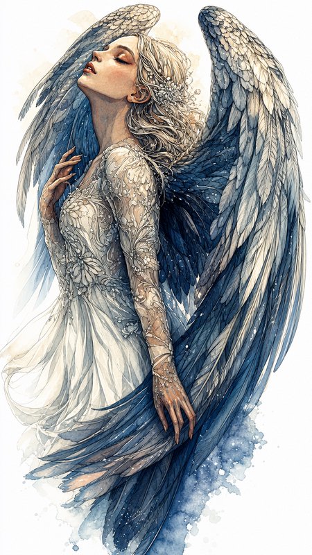 [Watercolor illustration of a serene female angel with gradient blue feathered wings, eyes closed, in an ornate ivory lace...
