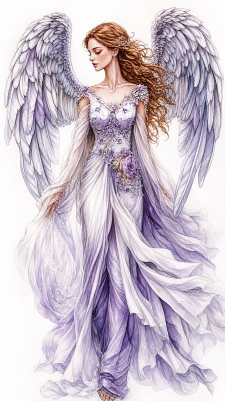 Watercolor illustration of a serene angel with feathered lavender wings, flowing purple and white gown, and long wavy aubu...