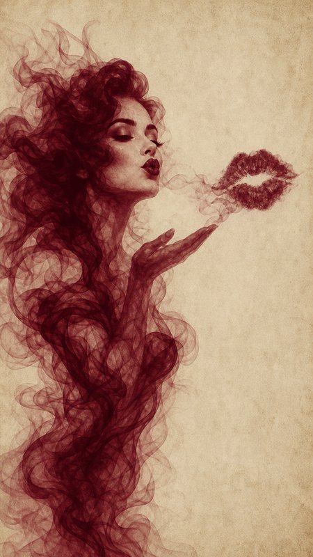 Surreal burgundy smoke art of an ethereal woman blowing a lip-shaped kiss, set against an aged parchment background