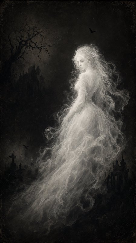 [Ethereal ghost woman in wispy flowing white gown floats over a dark gothic graveyard with spooky castle silhouettes]