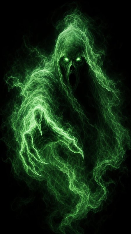 Glowing ethereal green hooded wraith ghost with luminous eyes reaches toward the viewer against a solid black background