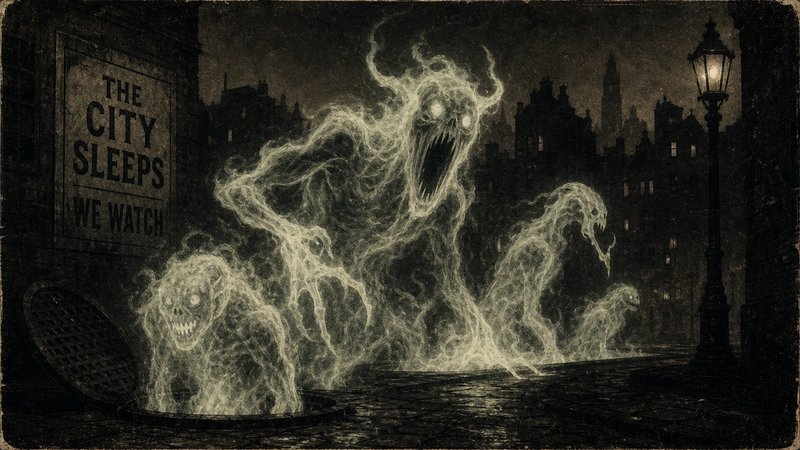 [Glowing menacing spectral monsters emerge from a dark vintage city street beside a sign reading "The City Sleeps We Watch"]