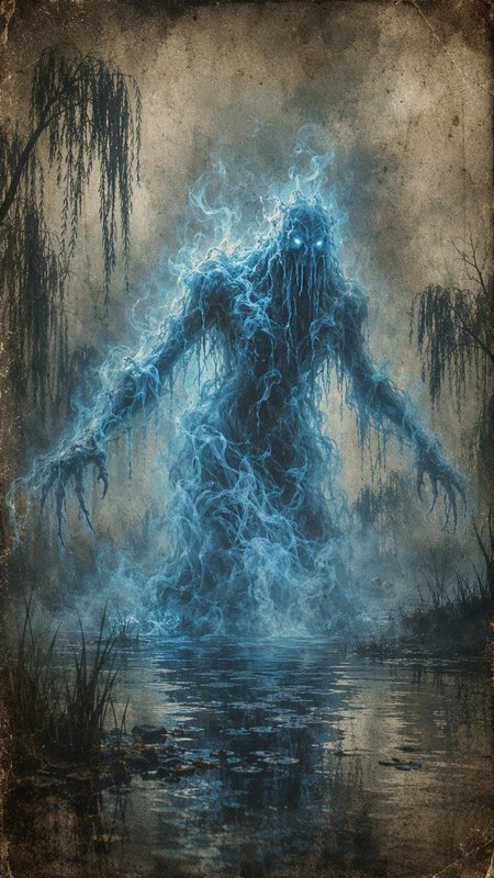 [Glowing ethereal blue swamp wraith rises from misty marsh, flanked by willow trees in vintage dark fantasy art]