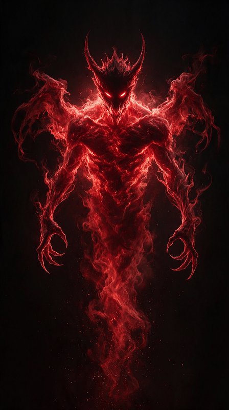 [Swirling glowing red smoke horned demon entity with glowing eyes and claws against a dark black background]