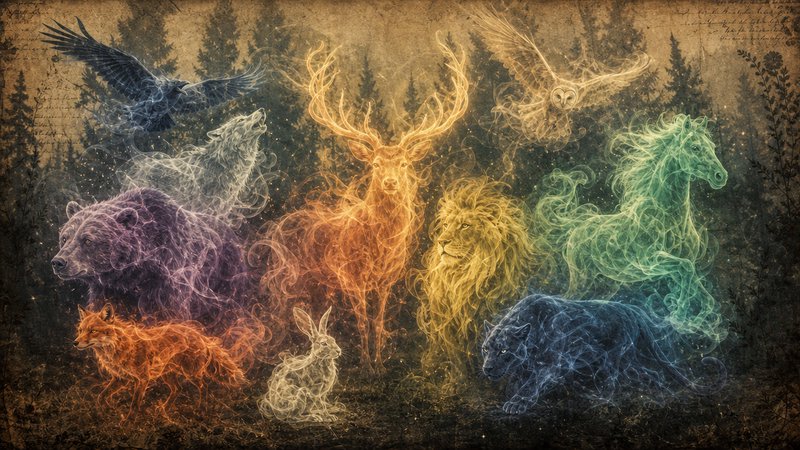 Group of translucent glowing wispy spirit animals arranged against a misty vintage pine forest backdrop, ethereal