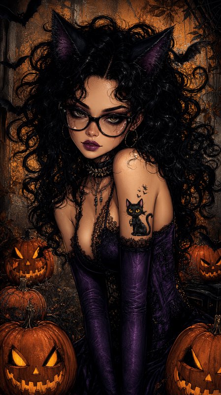 [Stylized gothic cat-eared Halloween woman with glasses, black cat tattoo, surrounded by glowing jack-o-lanterns and bats.]