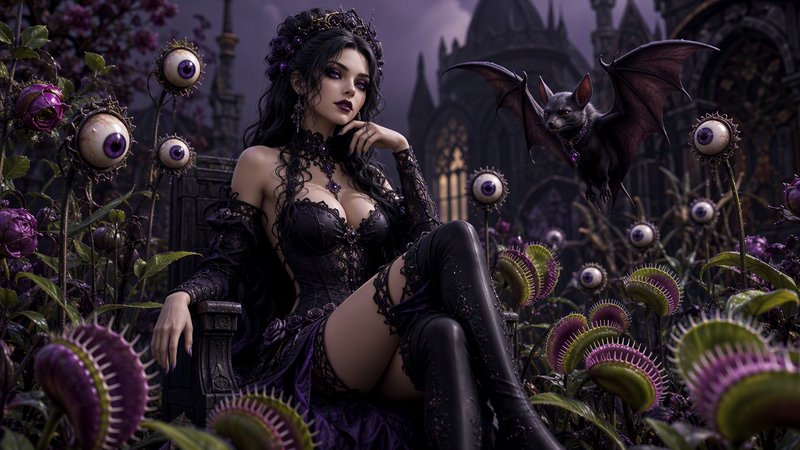 Gothic dark queen sits on a throne surrounded by surreal eyeball plants, venus flytraps, and a bat outside a shadowy castle.
