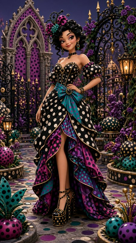 [Stylized animated fairy tale woman in a polka dot ballgown stands in a whimsical maximalist polka-dot gothic garden at tw...