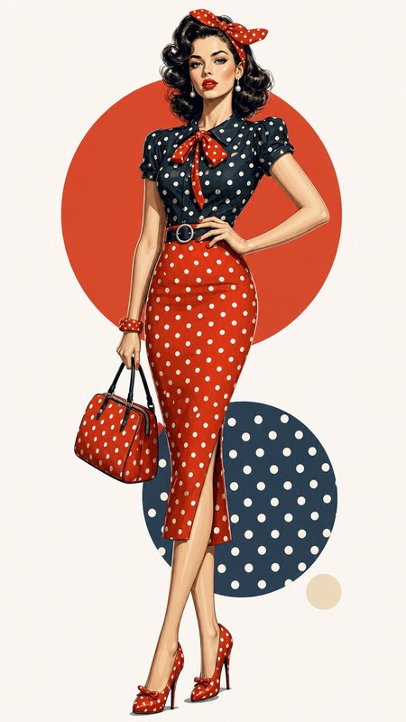 Retro pin-up woman in coordinated polka dot vintage outfit poses confidently, holding a matching handbag against a graphic...