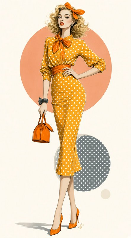 Retro fashion illustration of elegant blonde woman in orange polka dot midi dress with matching accessories