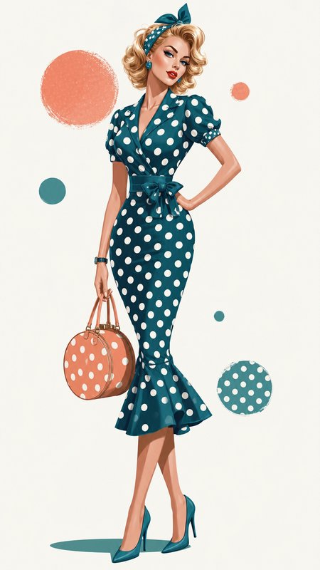 [Glamorous retro pinup woman in teal polka dot wiggle dress holding a peach polka dot handbag, vintage fashion illustration]
