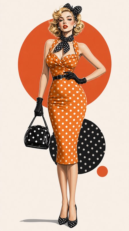 Retro 1950s pinup illustration of a glamorous blonde woman wearing a polka dot orange pencil dress and matching accessories