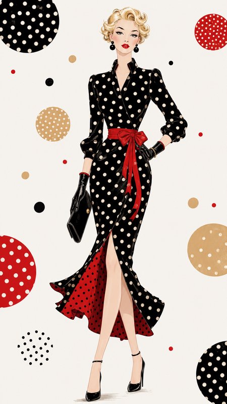 Retro fashion illustration of elegant blonde woman in black polka dot dress with red sash on polka dot patterned background