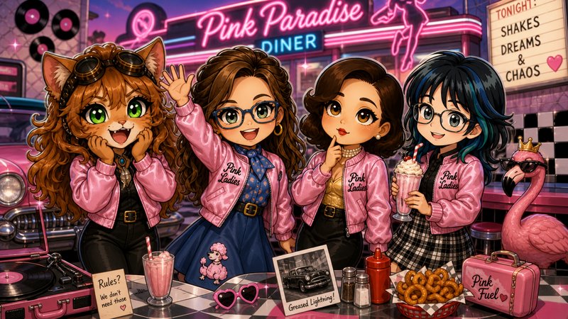 Chibi illustration of the Pink Ladies crew, including a cat anthro character, gathered at the retro neon Pink Paradise