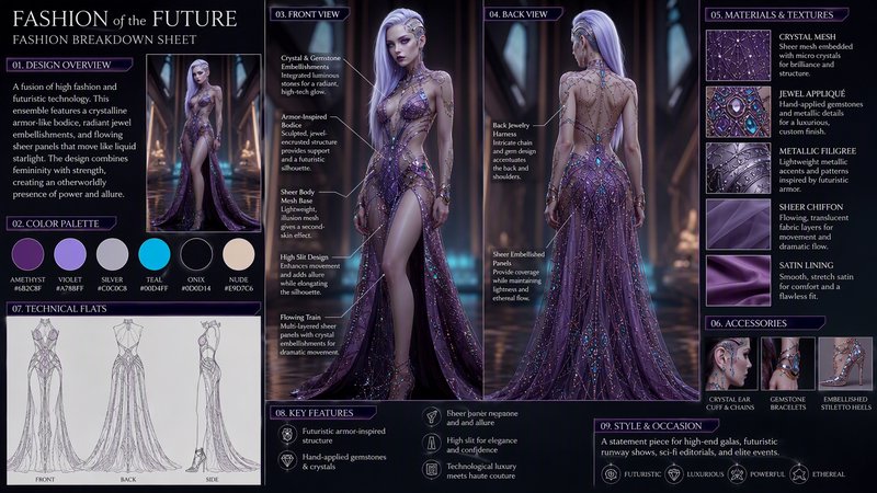 Futuristic fashion breakdown sheet showcasing a luxury sci-fi amethyst couture gown with design details, renderings
