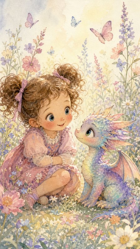 Watercolor of a curly-haired little girl sharing a gentle gaze with a pastel baby dragon in a sun...