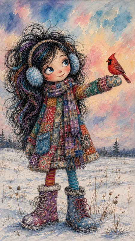 Whimsical big-eyed girl in cozy winter clothing holds a red cardinal perched on her glove, standing in a snowy sunset field.
