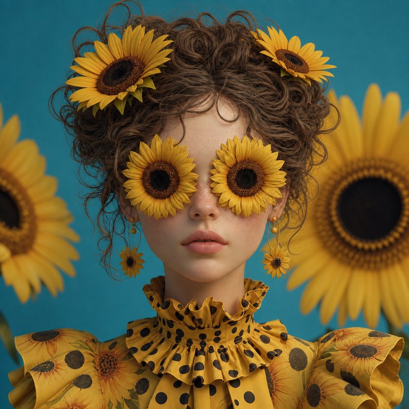 Surreal portrait of a young woman with curly brown hair, sunflowers covering her eyes, set agains...