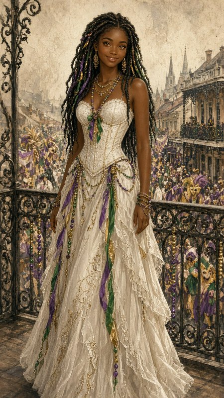 Elegant Mardi Gras queen in an ivory beaded gown stands on a French Quarter balcony overlooking a New Orleans parade
