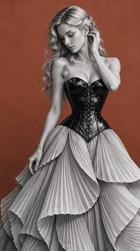 Elegant blonde model in black corset pleated ball gown, posed softly against a warm terracotta studio background