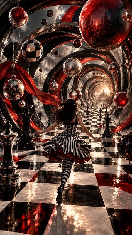 Alice in Wonderland character runs down a surreal spiraling checkered chess tunnel toward a dista...