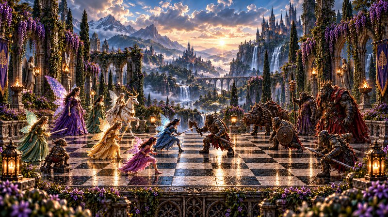 Epic living chess battle between fairy forces and orc armies on a grand chessboard terrace overlo...
