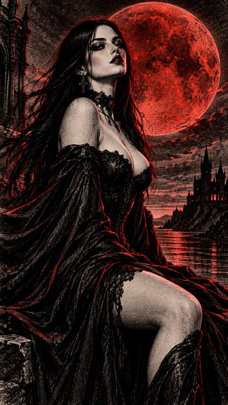 Gothic vampire woman in lace black gown sits beneath a glowing blood red moon, dark fantasy engra...