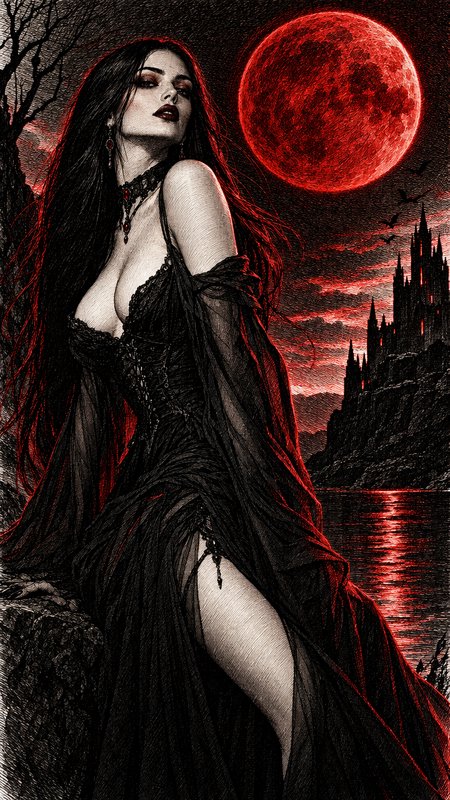 Gothic vampire woman in a sheer black gown posed beneath a glowing red blood moon with a dark cli...