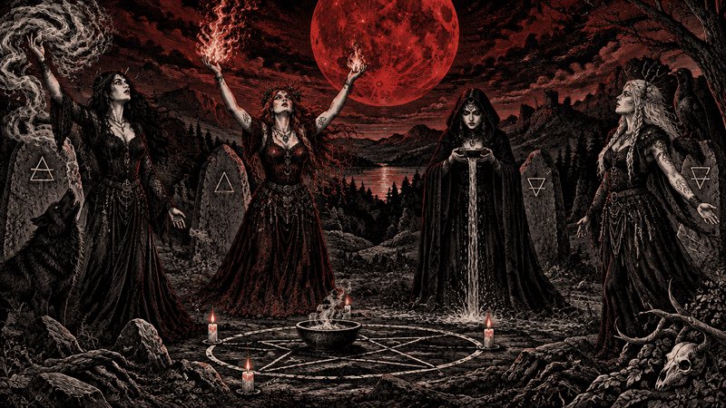 Four elemental witches perform an occult ritual around a pentagram circle beneath a glowing blood...