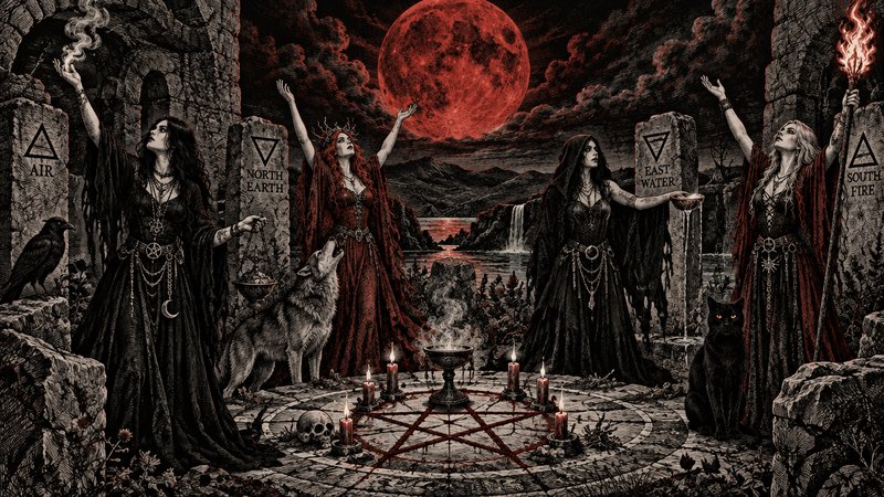 Four elemental witches perform a pagan ritual around a pentagram circle under a glowing blood red...