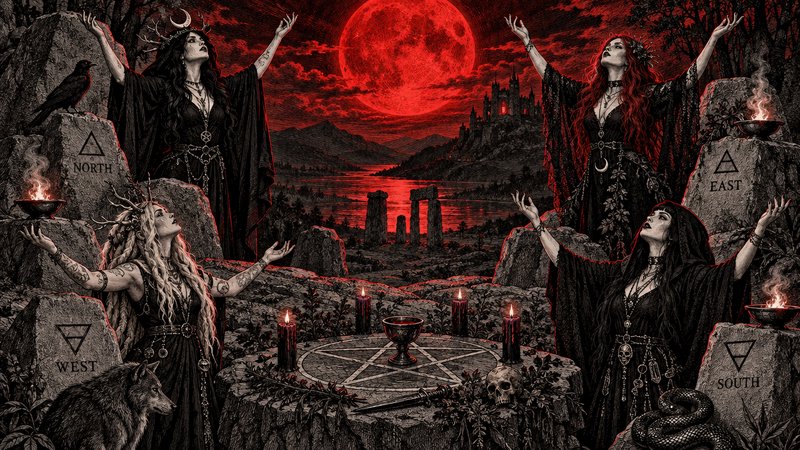 Four robed witches raise arms in ritual around a pentagram altar beneath a glowing red blood moon...