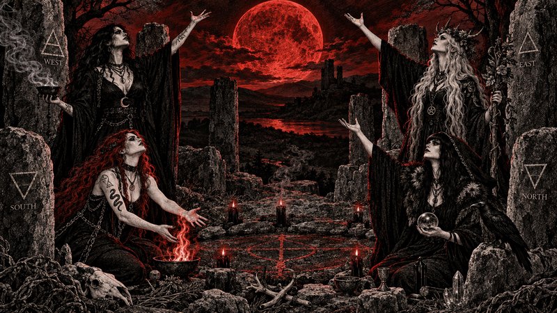 Four witches perform an occult ritual in a standing stone circle beneath a large glowing blood re...
