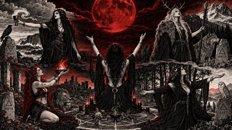 Coven of witches conduct an occult ritual in a stone circle beneath a glowing red blood moon