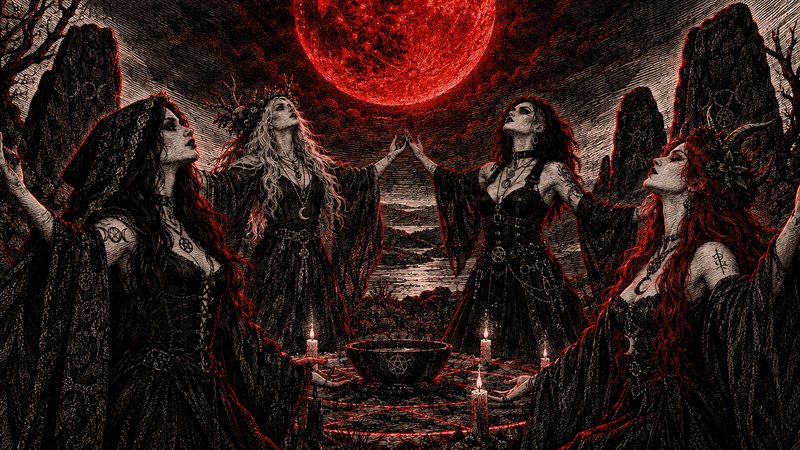 Four coven witches perform an occult ritual beneath a glowing red blood moon, gathered around a p...