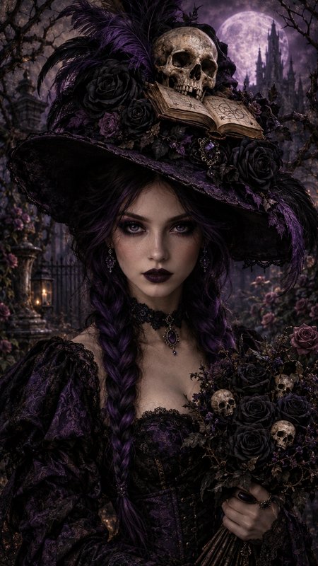 Gothic witch with purple braids wears an ornate feathered hat with a skull and grimoire, holding ...