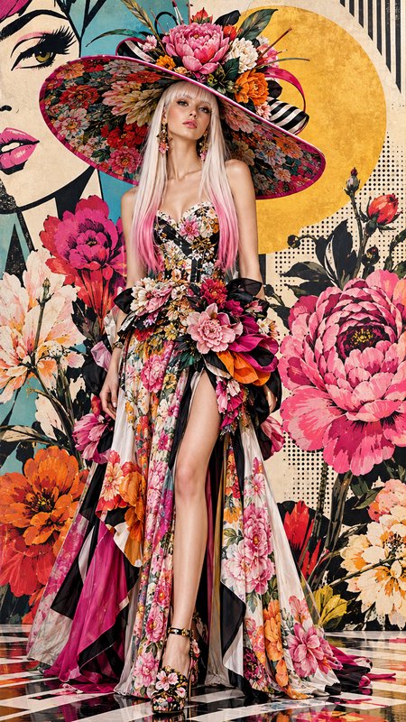 Glamorous pastel pink haired model wears an ornate floral couture gown and oversized floral wide ...