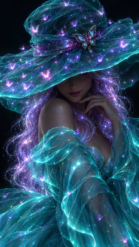 Ethereal fantasy woman with glowing teal tulle hat, glittering lavender hair, and floating lumine...