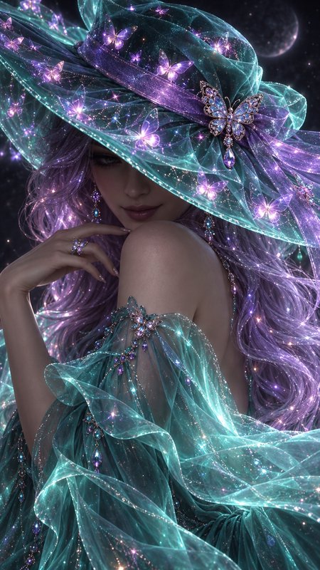 Ethereal fantasy witch in glittering teal purple hat, glowing butterflies, lavender hair, starry ...