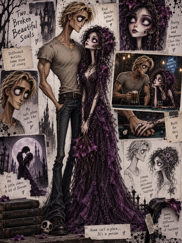 Tim Burton-style gothic romance collage featuring stitched tall couple, handwritten love quotes, ...
