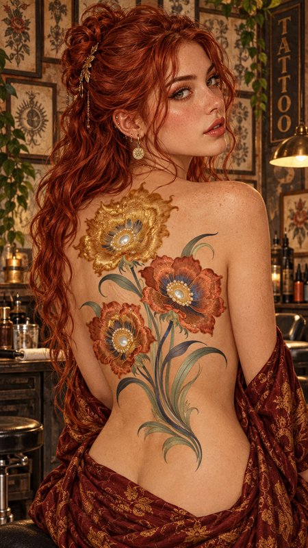 Young red haired woman looking over her shoulder to display an elaborate ornate floral back tatto...