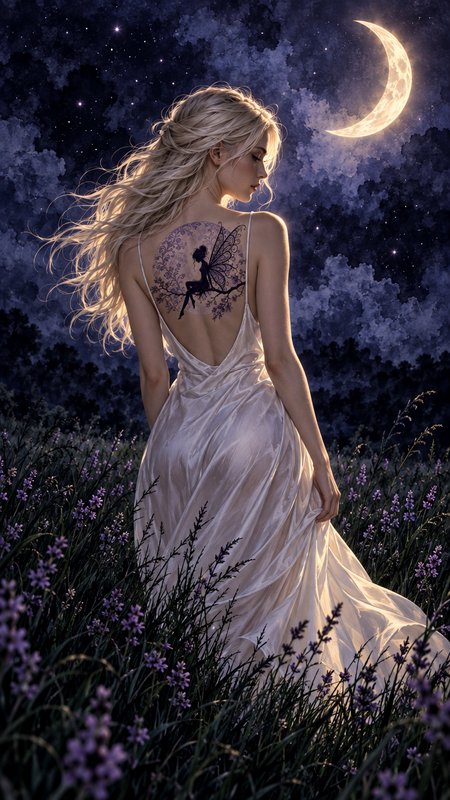 Back view of blonde woman with fairy back tattoo standing in lavender meadow under glowing cresce...