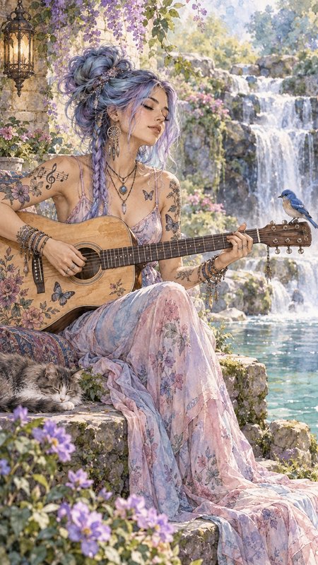 Tattooed bohemian woman with pastel blue-purple hair plays acoustic guitar by a sunlit waterfall,...