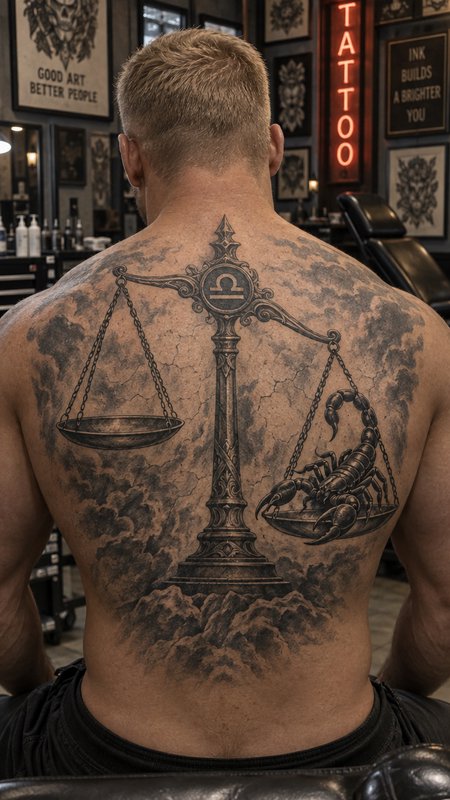 Rear view of a shirtless man displaying an intricate full-back Libra scale tattoo with a scorpion...
