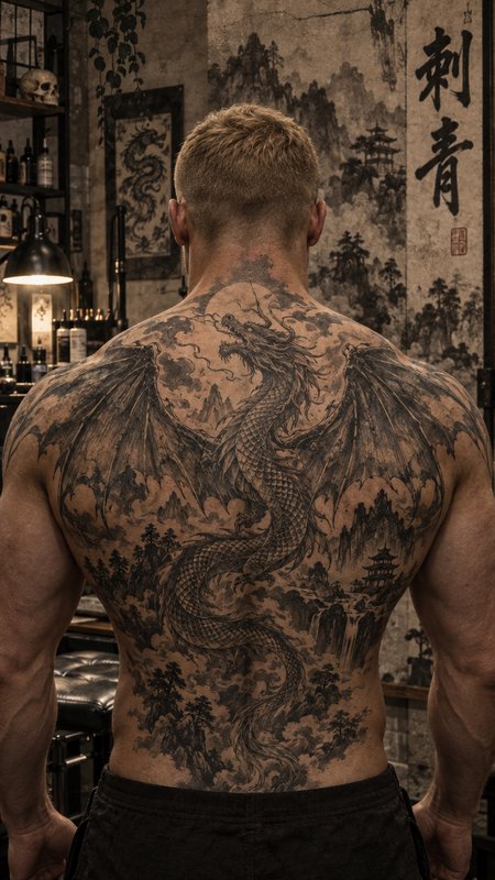 Back view of a muscular man displaying an intricate full-back Japanese dragon tattoo inside a vin...