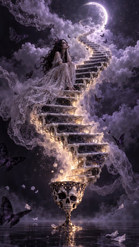 [Gothic fantasy woman sits on a glowing spiral staircase rising from a skull chalice, under a lavender crescent moon with ...